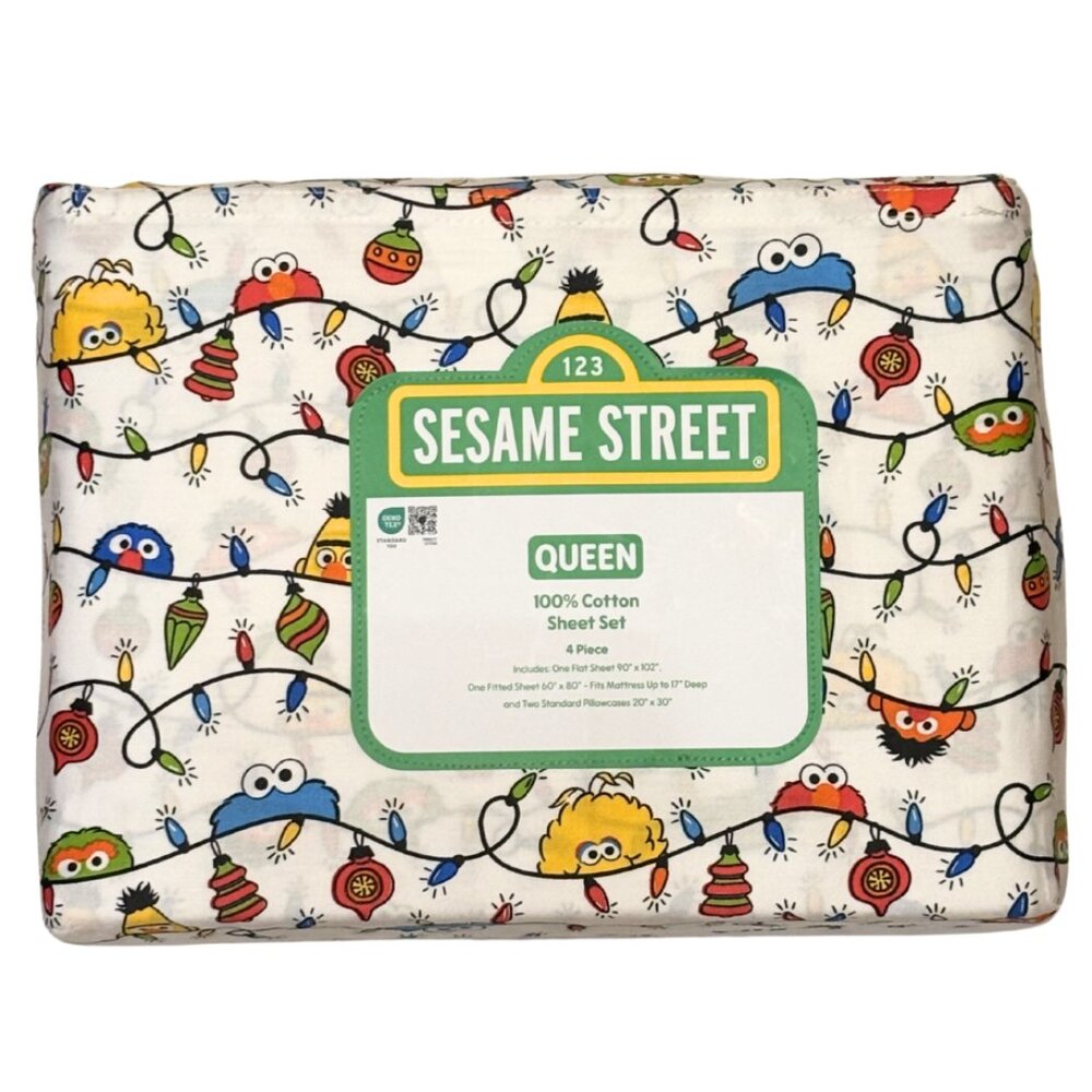 NEW Sesame Street Characters w/Christmas Lights QUEEN Sheet Set - 4 Piece